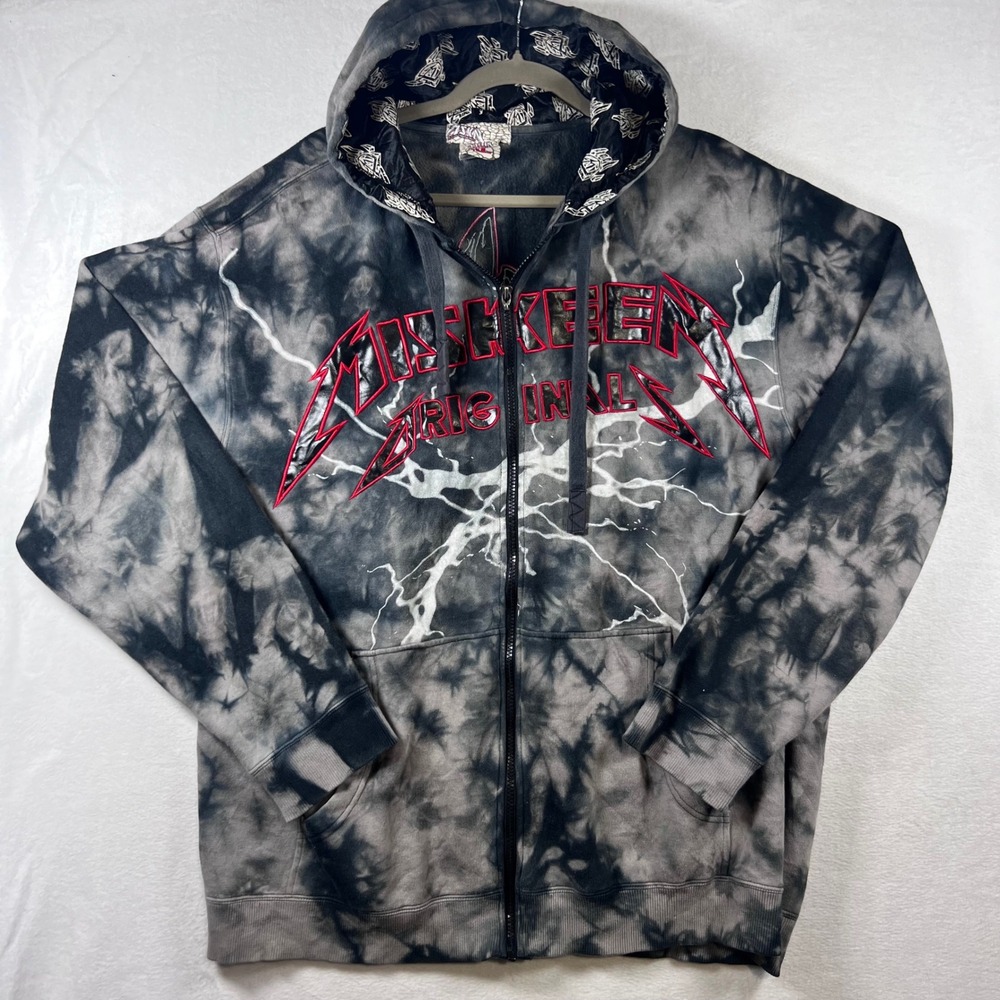 Y2K Mishkeen Original Black Tie Dye Lightning‎ Zip Up Hoodie Mens XL Metal Logo